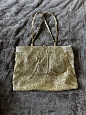 Carlos Falchi Metallic Gold Leather Textured Tote with Drawstring